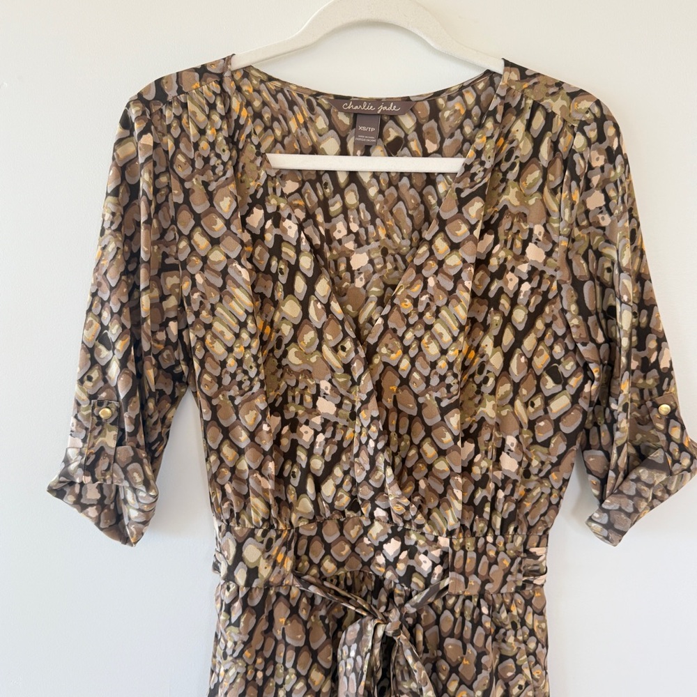 Charlie Jade Silk Romper Womens XS – Abstract Animal Print Jumpsuit Brown Tan - Picture 3 of 9